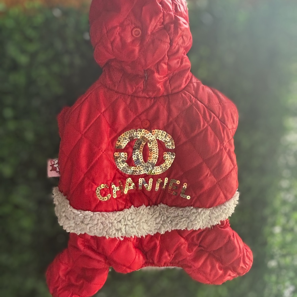 CHANEL Quilted Red Pet Jacket with Gold Details